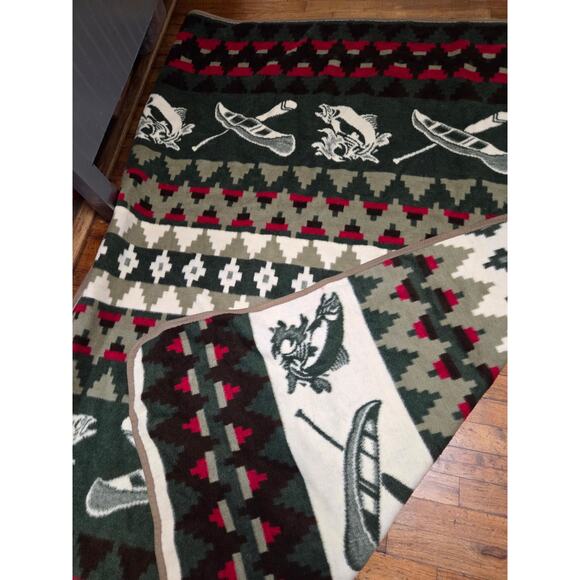 Cabin Fever Blanket Fleece Fishing Aztec Canoe Green Cabincore Red 75"x60" - Picture 4 of 5